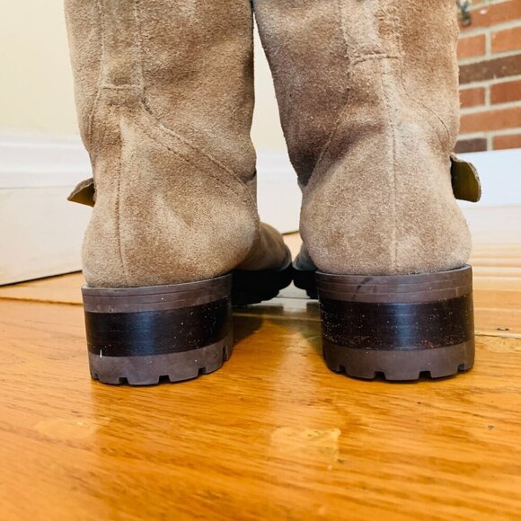 Ralph Lauren Motorcycle Boots Mid Calf Tan Suede Pull On Lug Soles - Picture 7 of 16